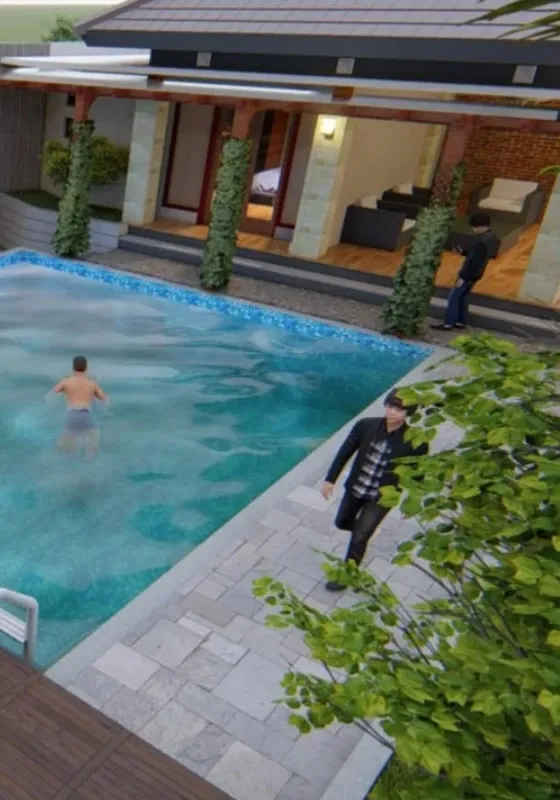 Render kolam renang di halaman belakang rumah dengan teras terbuka dan perkerasan batu