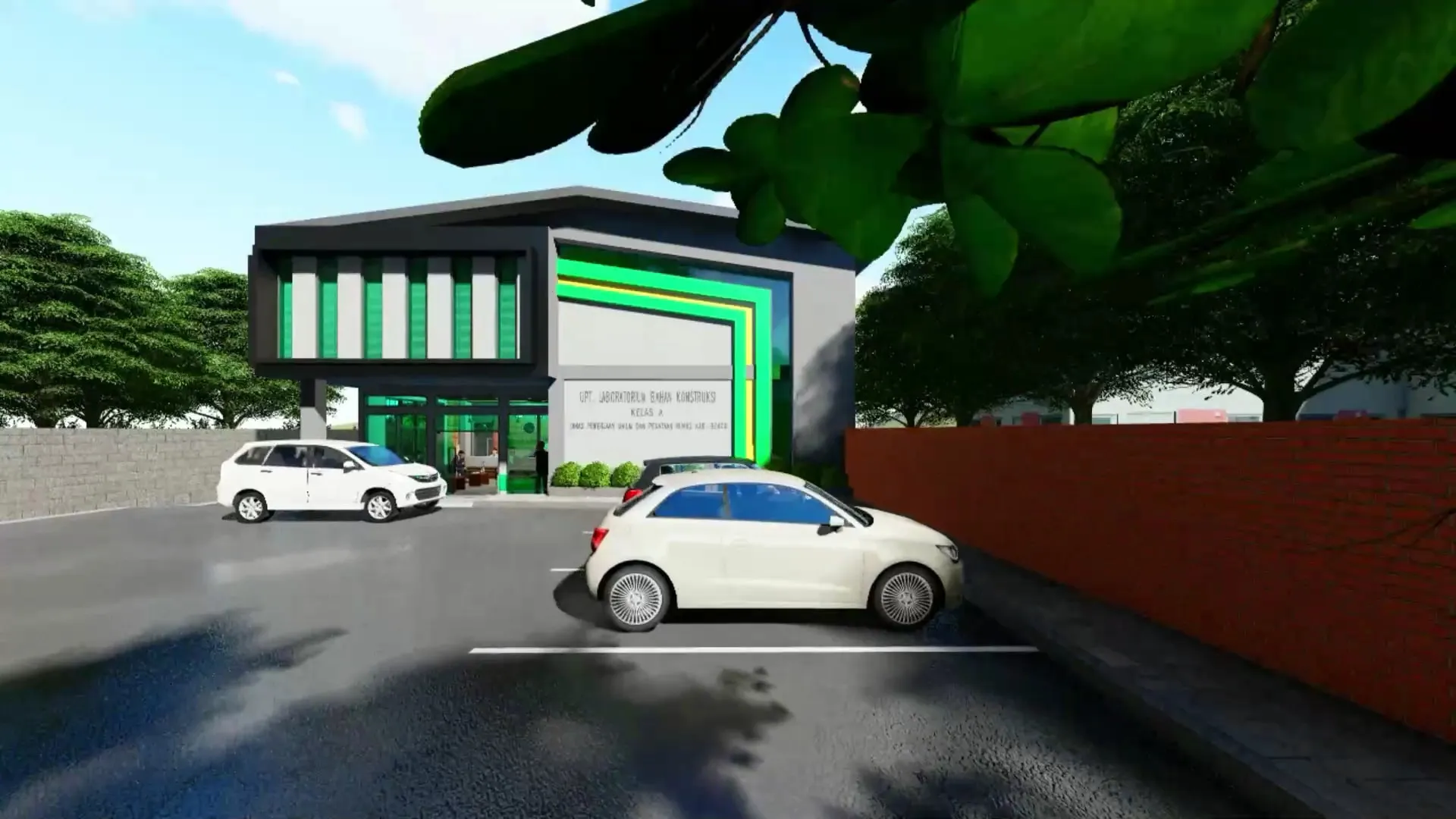 Render gedung UPT Laboratorium Bahan Konstruksi dengan bingkai fasad hijau dan area parkir