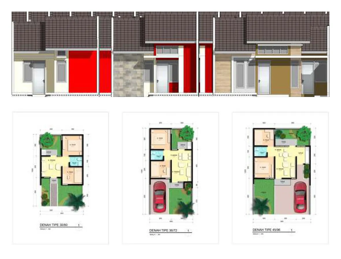 Deretan tampak rumah dengan tiga pilihan fasad dan tiga denah tipe berwarna