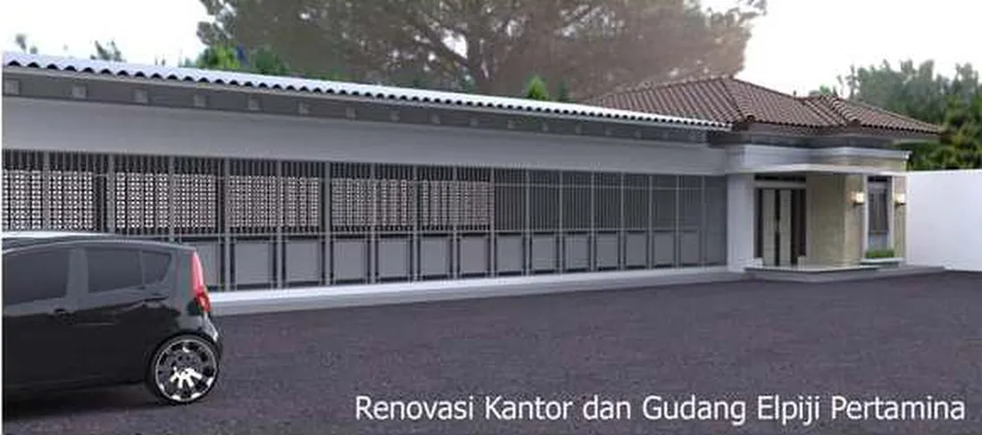 Render gudang memanjang berdinding roster dilihat dari dekat, dengan mobil di halaman