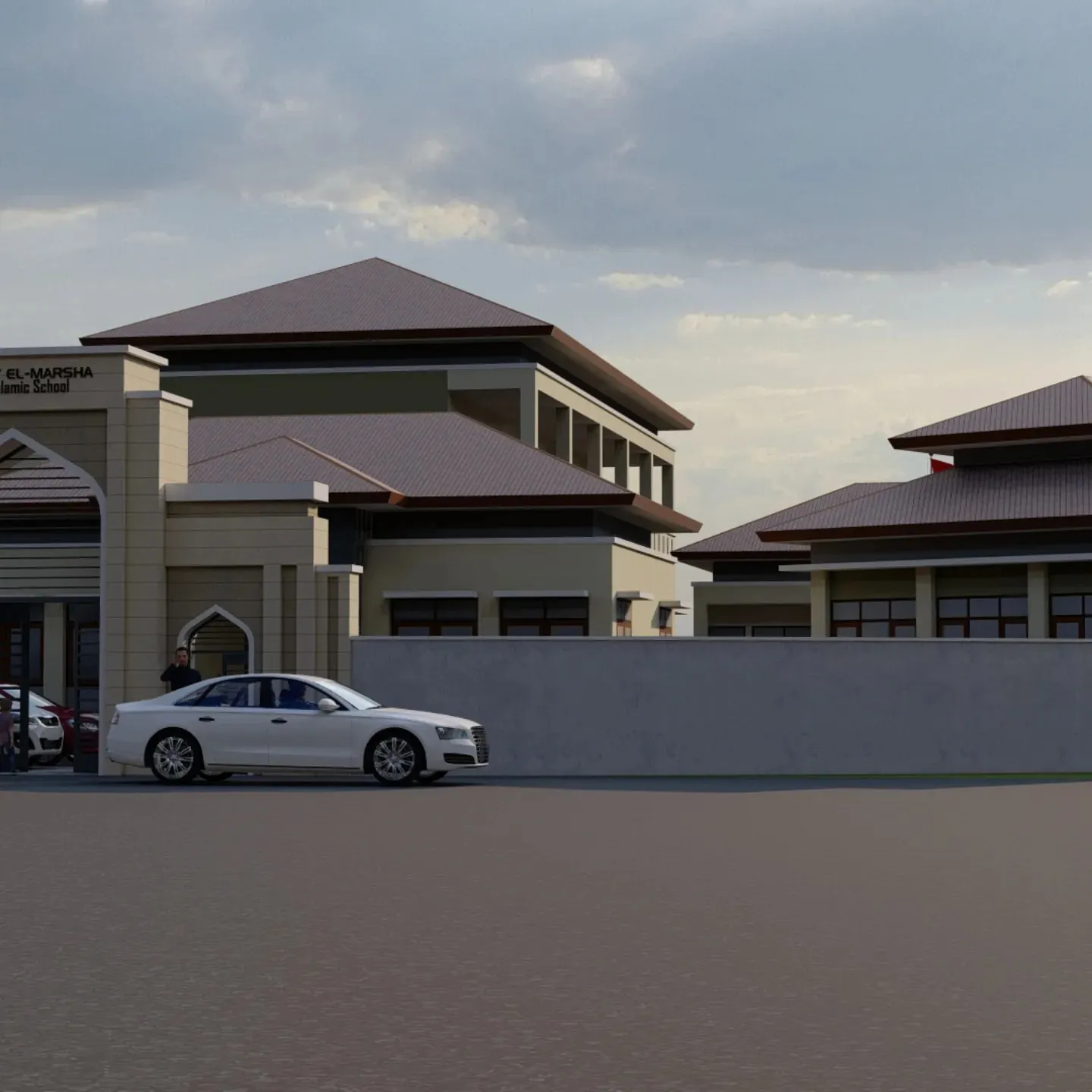 Render SDIT El-Marsha dari sisi kiri, memperlihatkan gedung kelas dua lantai