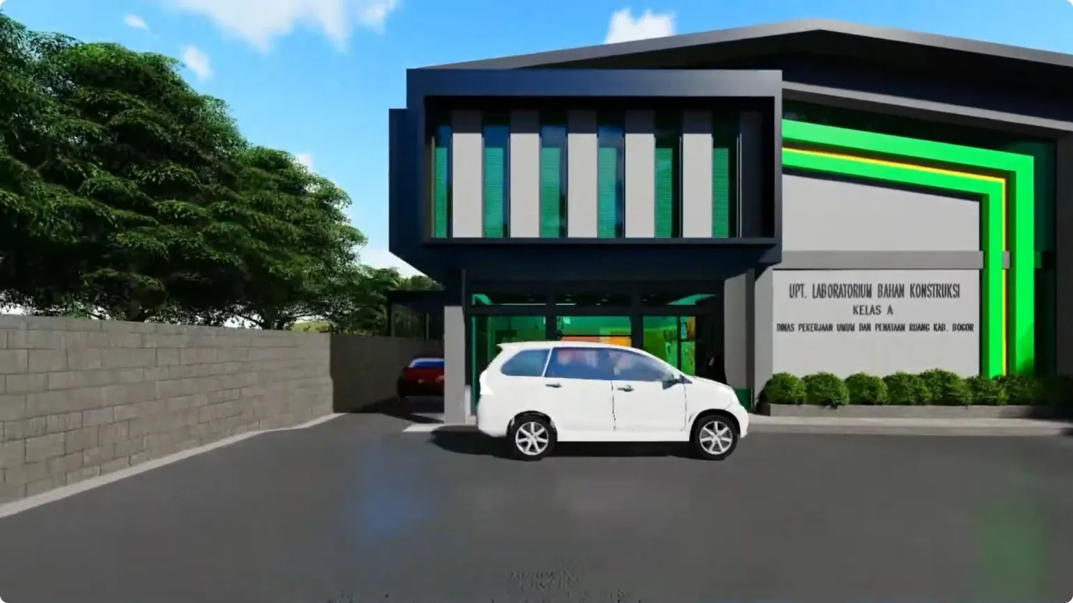 Tampak depan gedung laboratorium dengan sirip tegak hijau dan papan nama instansi