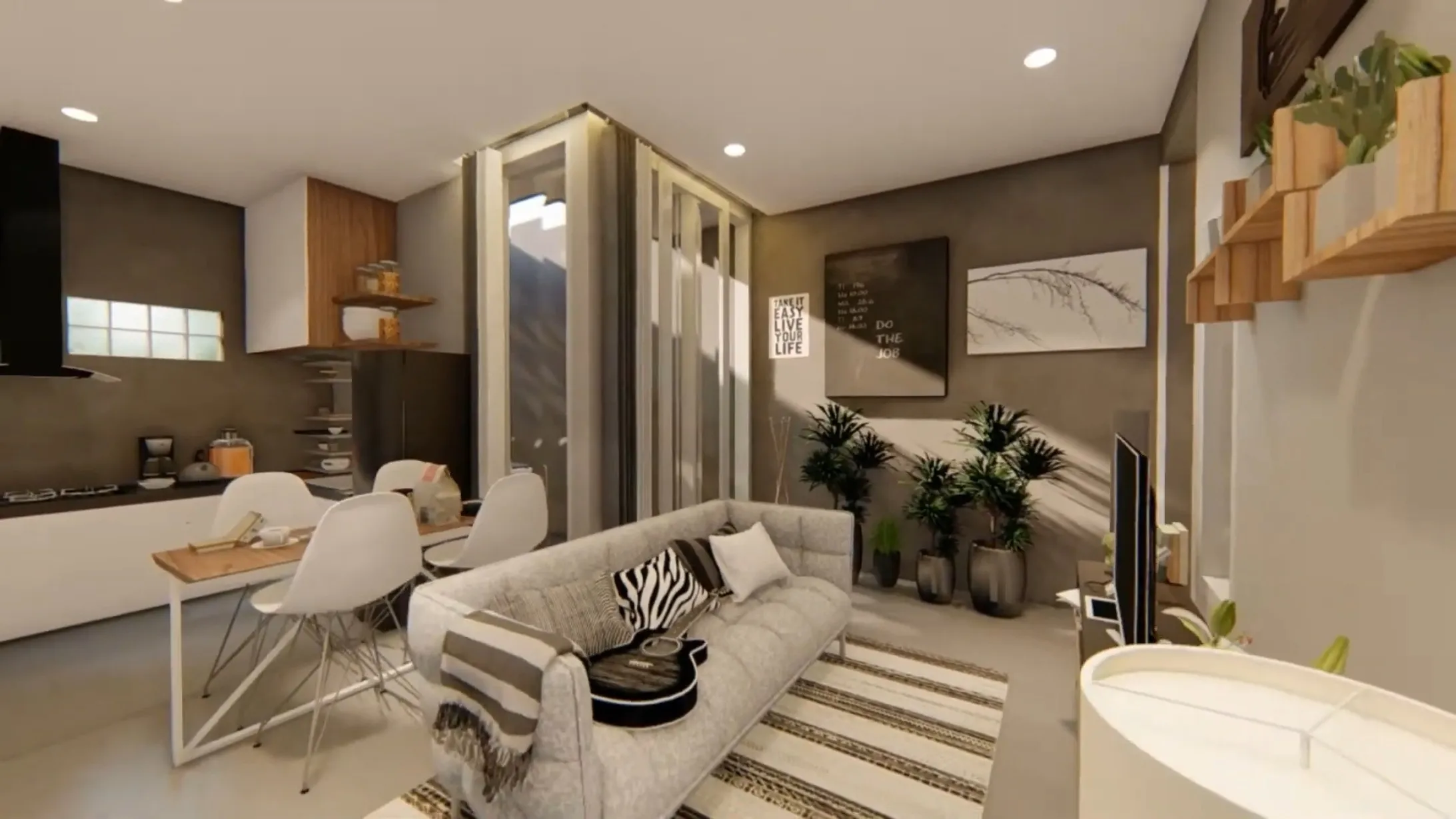 Render 3D ruang keluarga rumah di Cibinong dengan sofa abu-abu dan rak tanaman, karya W-Arch Design