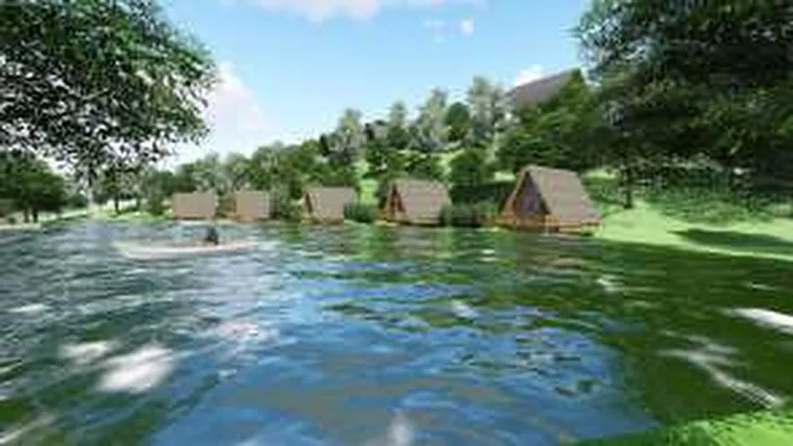 Render 3D deretan pondok resor beratap runcing di tepi air, kawasan Curug Tilu, karya W-Arch Design
