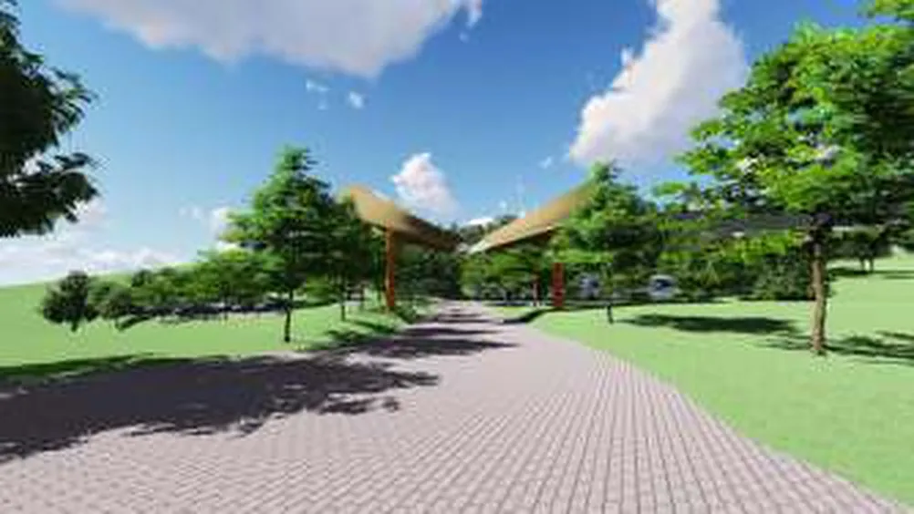 Render gerbang utama kawasan wisata Curug Tilu dengan jalan berpaving dan pepohonan