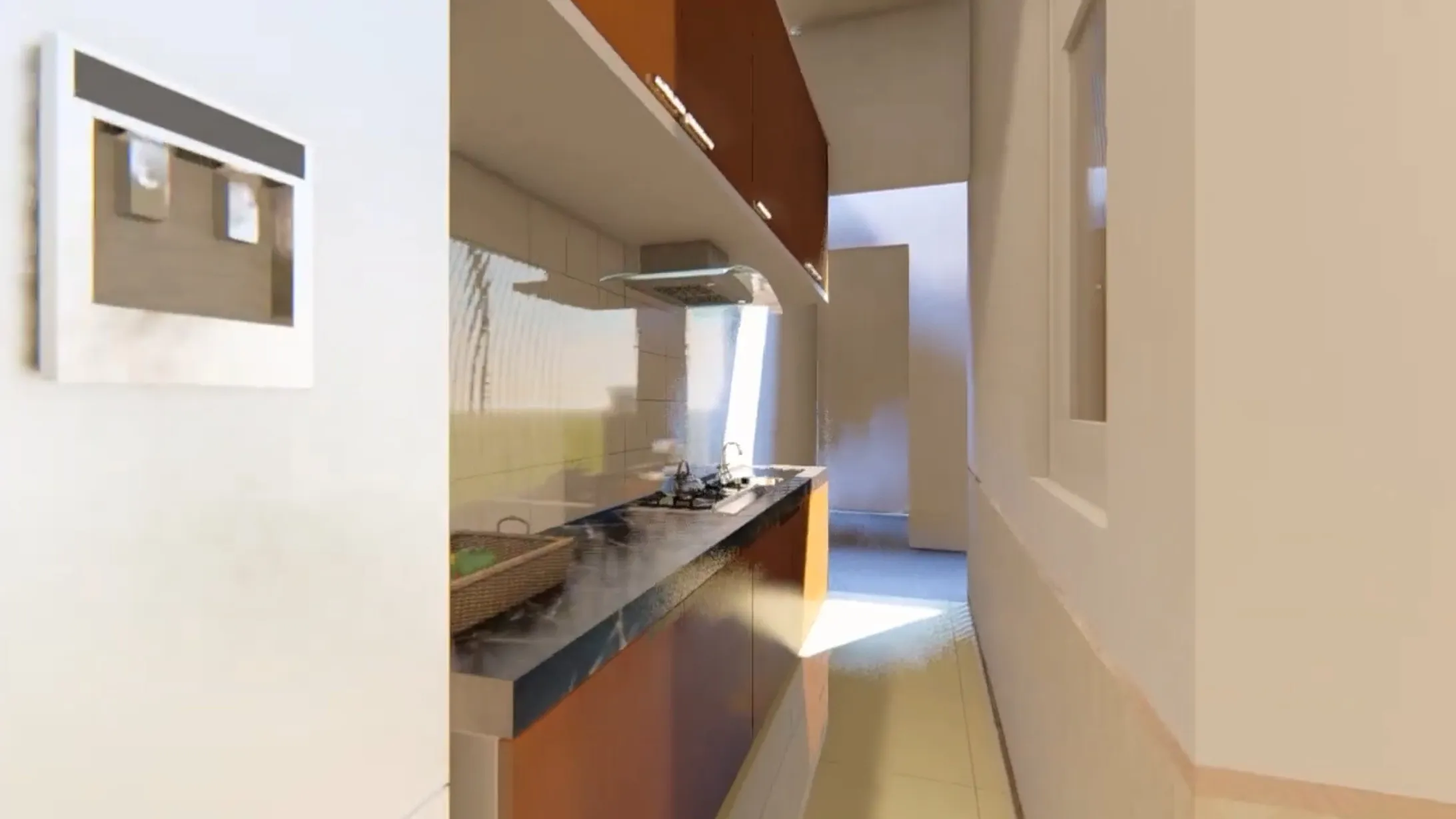 Render 3D dapur memanjang dengan kabinet kayu di rumah bidan Jonggol, karya W-Arch Design