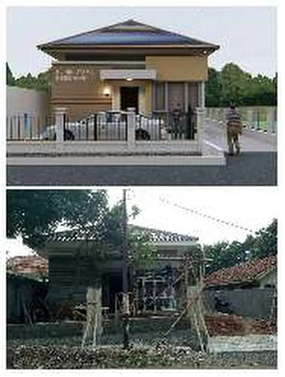 Render klinik bidan di Jonggol dan foto bangunannya saat dibangun W-Arch Kontruksi