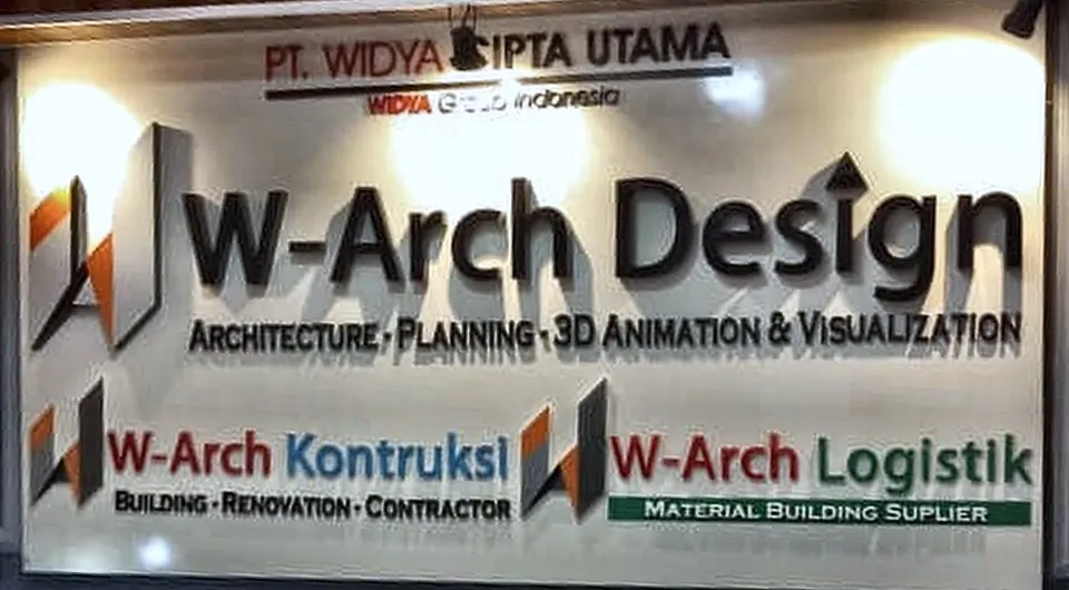 Papan nama di kantor W-Arch Design: W-Arch Design, W-Arch Kontruksi, dan W-Arch Logistik