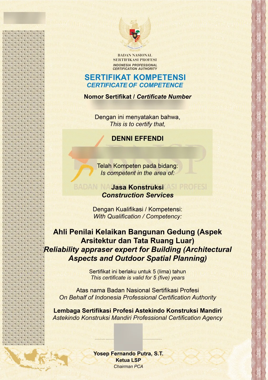 Sertifikat Kompetensi BNSP atas nama Denni Effendi sebagai Ahli Penilai Kelaikan Bangunan Gedung