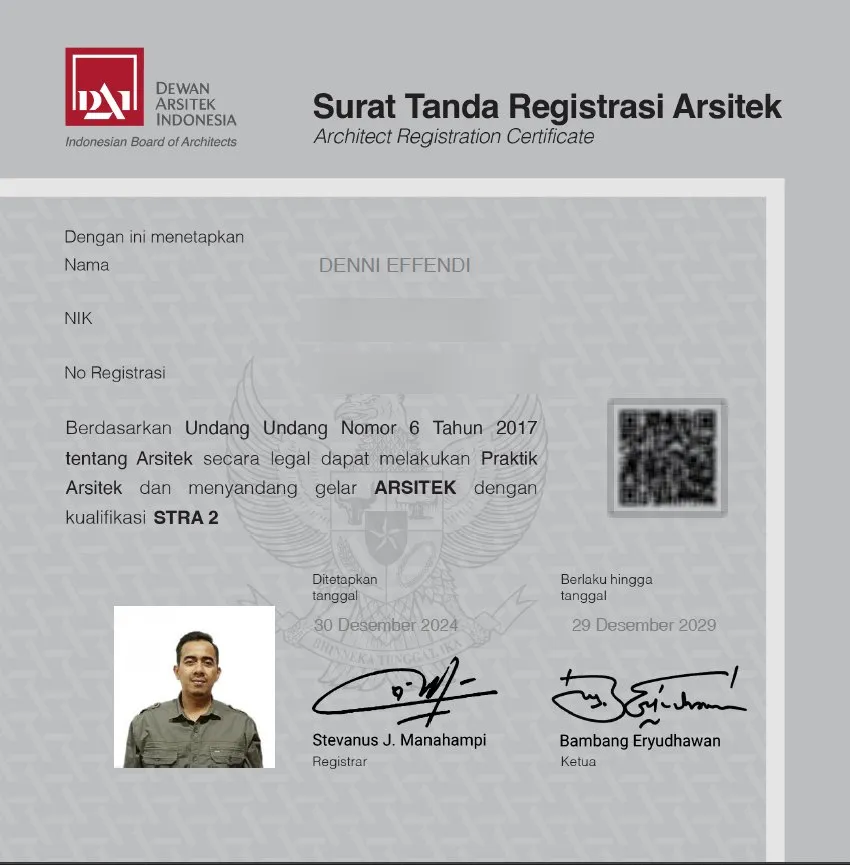 Surat Tanda Registrasi Arsitek atas nama Denni Effendi dari Dewan Arsitek Indonesia, kualifikasi STRA 2